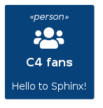 !include <C4/C4_Context>
!define FONTAWESOME https://raw.githubusercontent.com/tupadr3/plantuml-icon-font-sprites/master/font-awesome-5
!include FONTAWESOME/users.puml
Person(user, "C4 fans", "Hello to Sphinx!", $sprite="users")